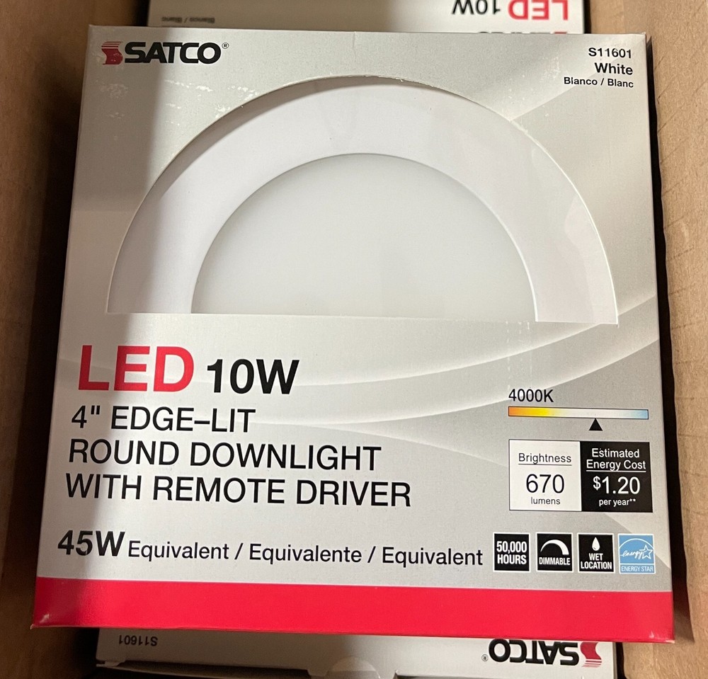 New 1-pc Satco S11601 4″ Edge-lit 10W LED Round Down Light 4000K 670LM Dimmable