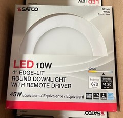 New 1-pc Satco S11601 4″ Edge-lit 10W LED Round Down Light 4000K 670LM Dimmable