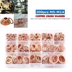 200PCS Assorted Crush Copper Gasket Seal Ring Hardware Set Metal Flat Washer