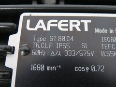 Lafert ST80C4 Motor 0.75HP 0.55kW 1680RPM 333/575V 3PH 2.1/1.2A 60HZ RFB