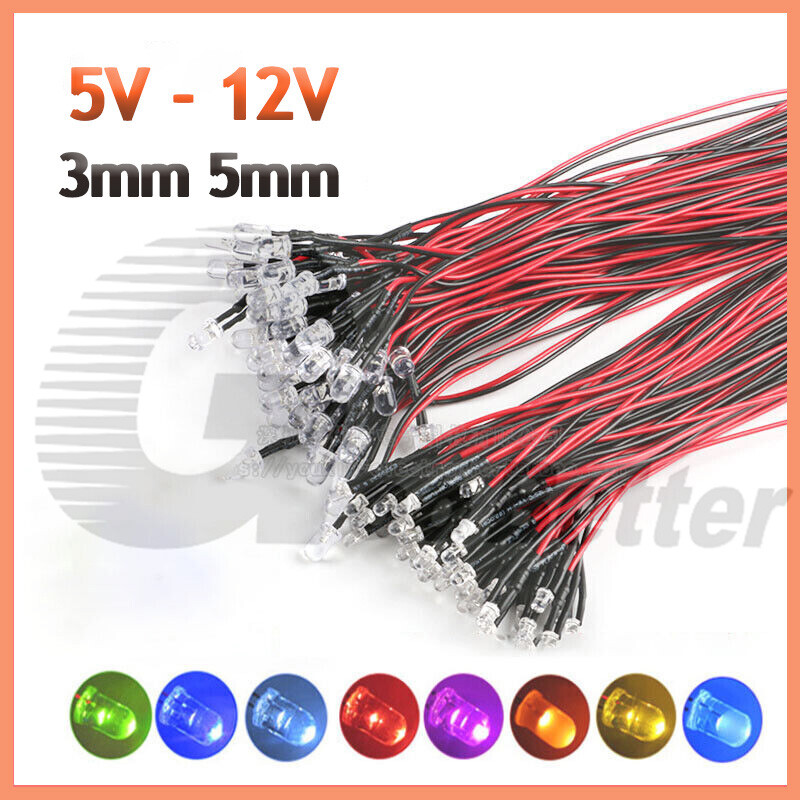 Pre-Wired LEDs Prewired Resistor 3mm/5mm Ultra Bright : 5V ~ 12V Various Colours