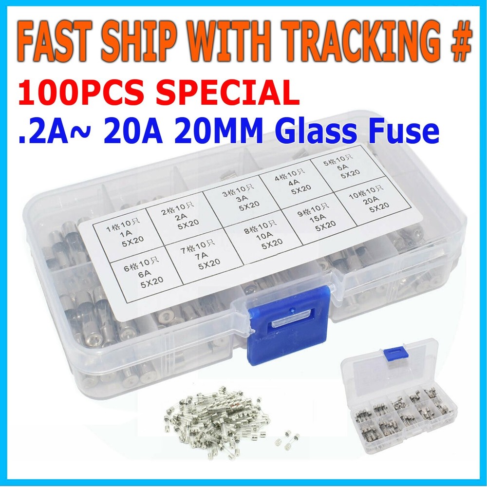 100Pcs 5x20mm Quick Blow Glass Tube Fuse Assorted Kits Fast Action Glass Fuses