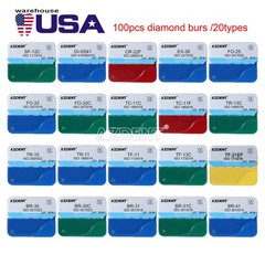 100PCS Dental Diamond Burs for High Speed Handpiece Medium FG 1.6mm AZDENT USA