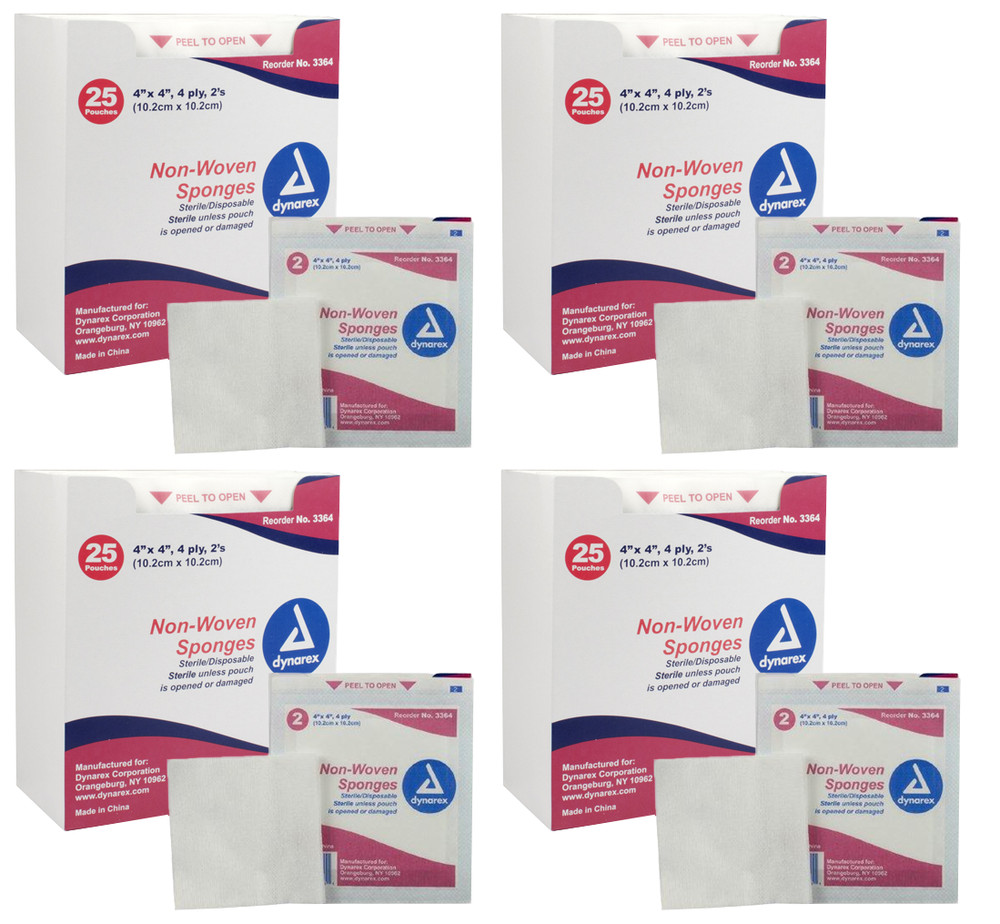 Sterile Non-woven Sponges Disposable, Dynarex, 3364, 4×4, 4-Ply, 200 Pouches