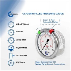 2-1/2″ Pressure Gauge, Stainless Steel Case, Liquid Filled, Back Mnt 0-30 PSI