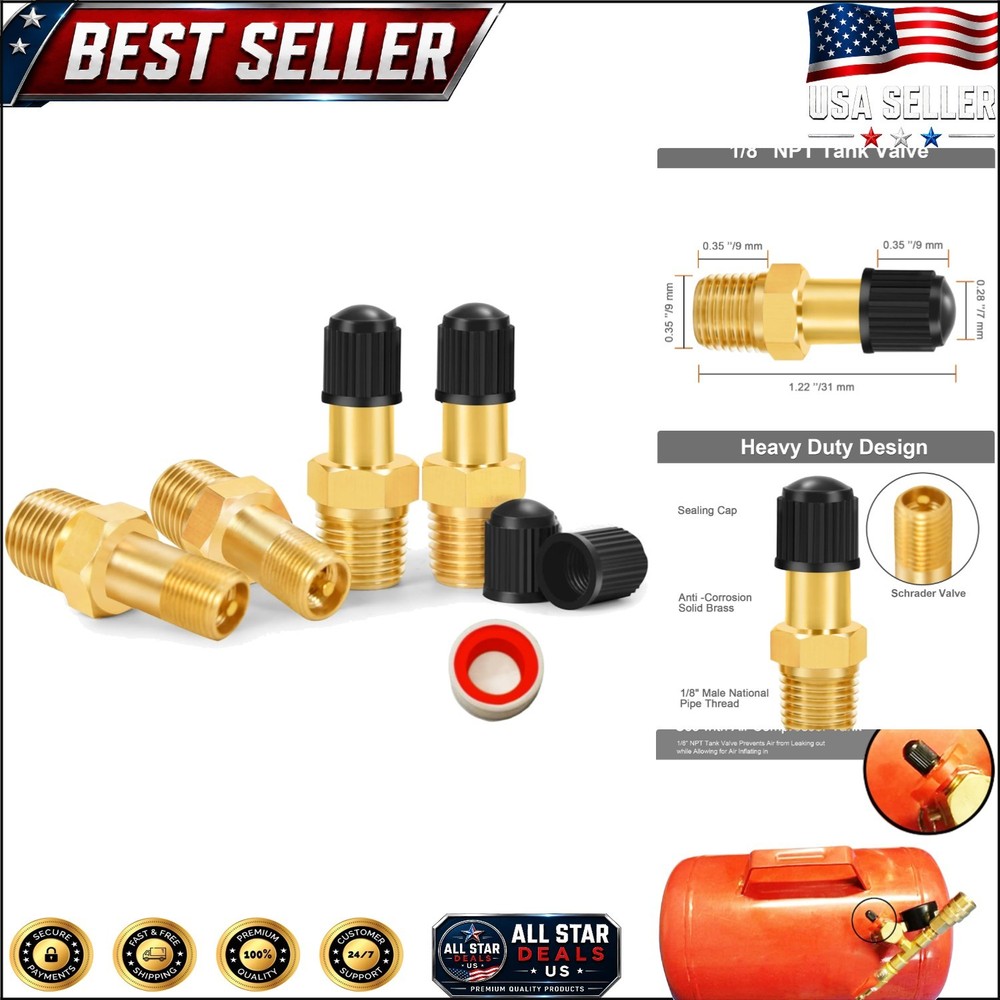 Pack of 4 Brass Schrader Valves for 1/8″ NPT Connection – 200 PSI