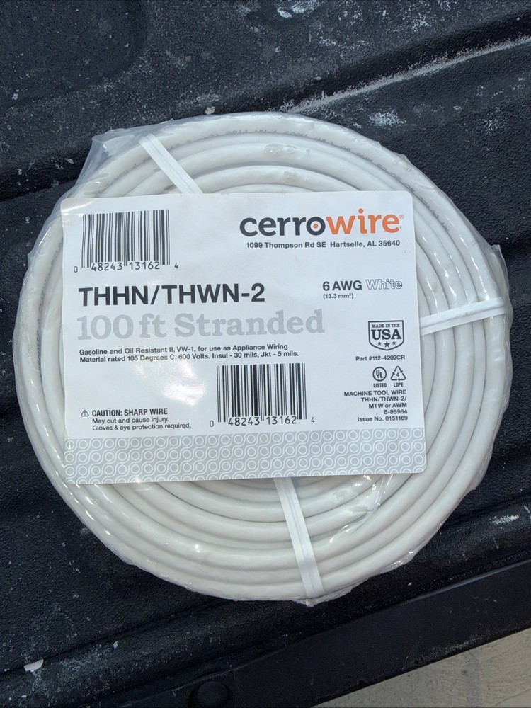Cerro Wire 6 AWG THHN White Stranded Copper Wire 100 Ft Roll THHN/THWN-2 NEW