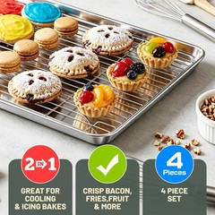 Baking Sheet with Rack Set (2 Pans + 2 Racks), 16 x 16 x 12 x 1 Inch, Silver