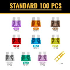 100 Pcs Standard Fuses Kit, Car Assortment Kit – Size (3A 5A…35A)Automotive