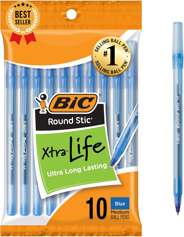 10 Pack Blue Ballpoint Pens Medium Point 1.0mm Round Stic Xtra Life Bulk