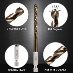 Sinyeenglon Hex Shank Cobalt Drill Bit Set for Metal and 1/16″ to 1/4
