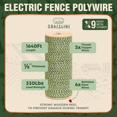 9-Strand Electric Fence Polywire 1640 ft, Tinned Copper & Stainless Steel, 0.3