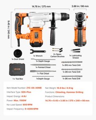 VEVOR Rotary Hammer Drill 1-1/8 in SDS-Plus Electric for Concrete and Masonry