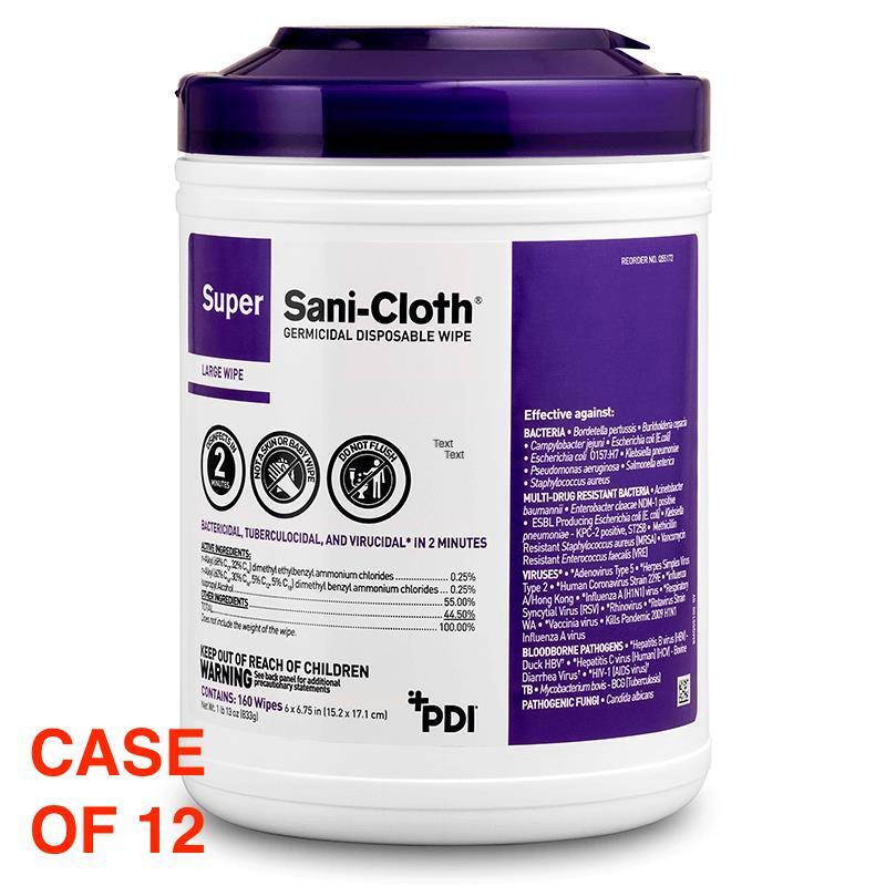 CASE 12 PDI Q55172 Super Sani-Cloth Germicidal Disposable Wipes Large CANISTERS