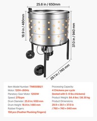 VEVOR 25.6″ Electric Chicken Plucker Machine 1200W & 275RPM 158 Fingers & Wheels