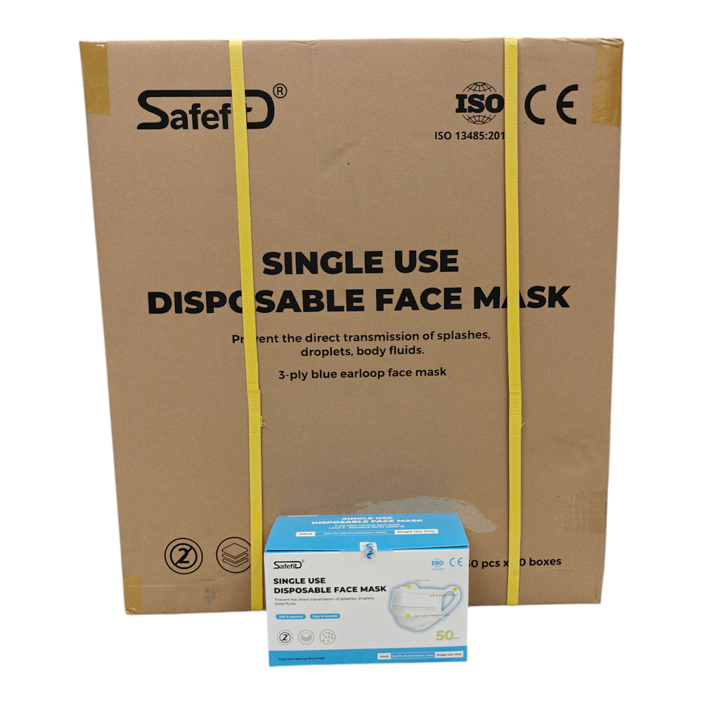 2500 Count Case – Safefit 3 Ply Disposable Face Masks Non Medical Adult 175x95mm