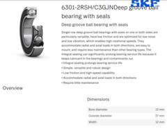 One (1) SKF 6301 2RSH/C3GJN Deep Groove Bearing 12MM ID Indonesia NEW