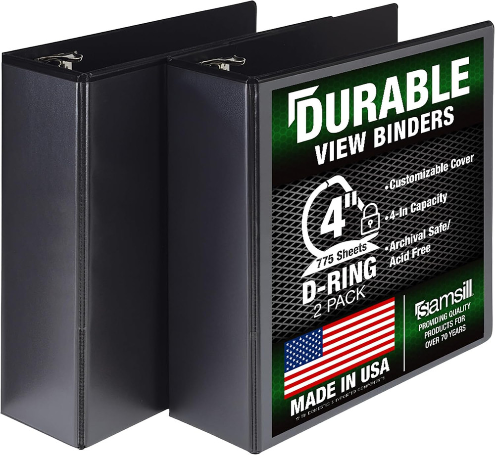 Durable 4 Inch 3 Ring Binder, D Ring Binder, 100% Recycled Chipboard, Black, 2 P