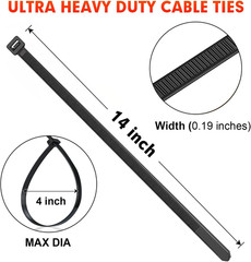 Heavy-Duty Black Cable Zip Ties, 1200 Pcs, 14 Inch, 50Lb Strength