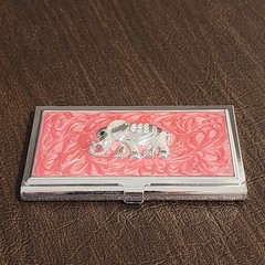 Vintage Pink Elephant Silver Card Holder Green & White Faux Diamonds