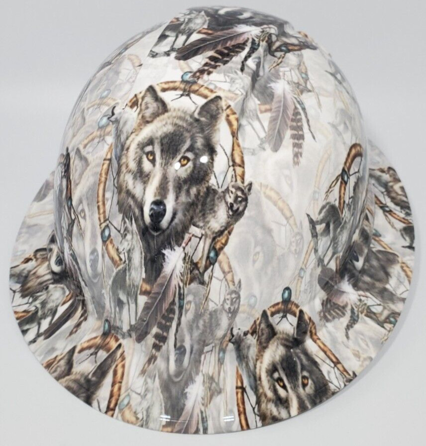 New Full Brim Hard Hat Custom Hydro Dipped Wolf Dream Catcher. Free Shipping