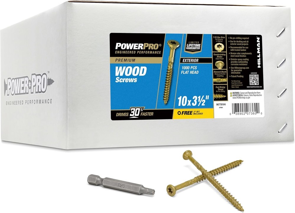 Power 967781 Wood Screws, #10 x 3-1/2″,Premium Outdoor Deck Screws,1000pcs Box