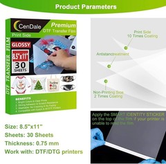 DTF Transfer Film 8.5″x11″ – 30 Glossy Sheets for DIY Fabric Printing