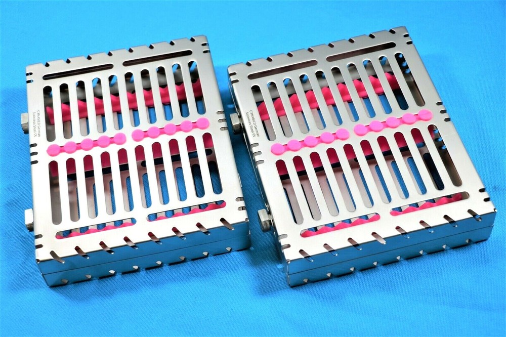 2 GERMAN DENTAL AUTOCLAVE STERILIZATION CASSETTE BOX TRAY FOR 10 INSTRUMENT-PINK