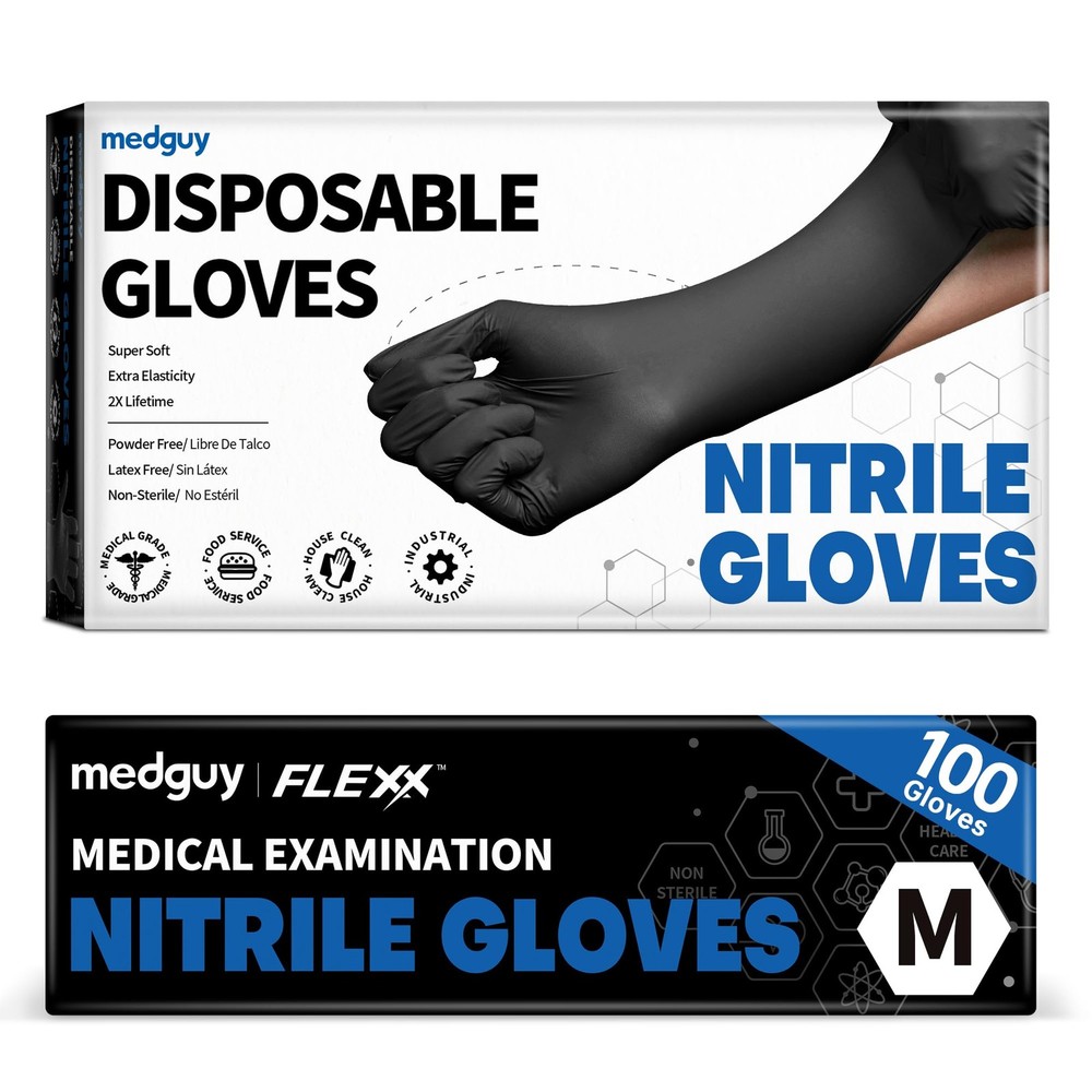 Medguy Black Nitrile Disposable Gloves, 4.5 Mil Medium, Medium (Black)