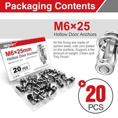 Neprift 20Pcs M6 x 25mm Hollow Door Anchors, Metal Molly Bolts with Screws fo…