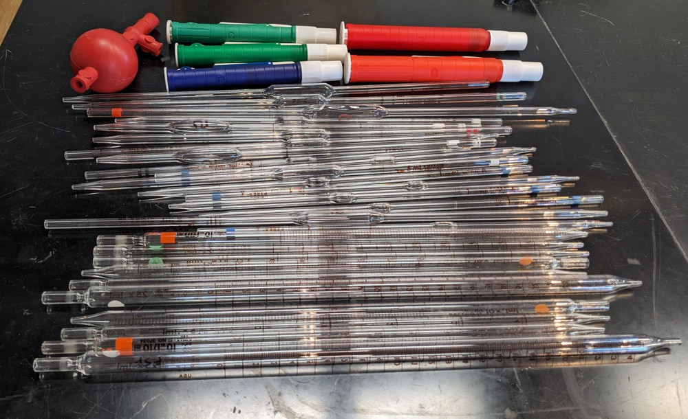 Lot of 27 pcs total, 17 Volumetric + 10 Graduated Glass Pipettes with Pumps/Bulb