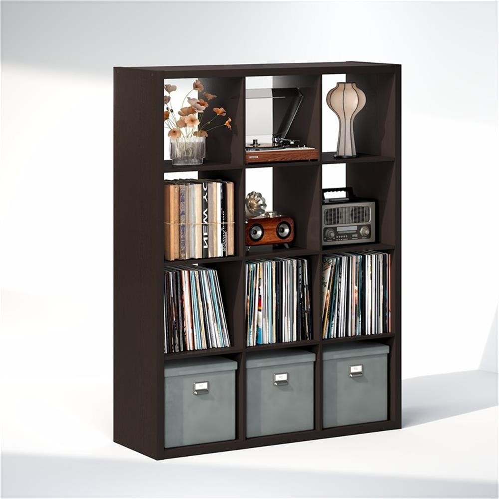 Pemberly Row 12-Cube Vinyl Record Media Storage Organizer in Dark Oak