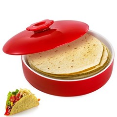 Lyellfe Ceramic Tortilla Warmer with Lid, 8.5 inches x 2.7 inches, Red
