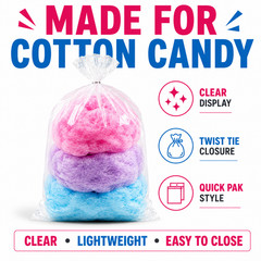 Clear Cotton Candy Bags 11.5 x 18.5 Quick Pak Plastic Bags w/ Twist Ties Bulk