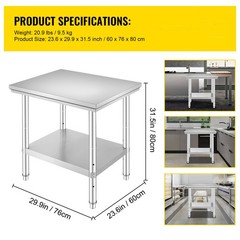 Uimoso Stainless Steel Prep Table for Commercial Use, 24x30x31 Inches