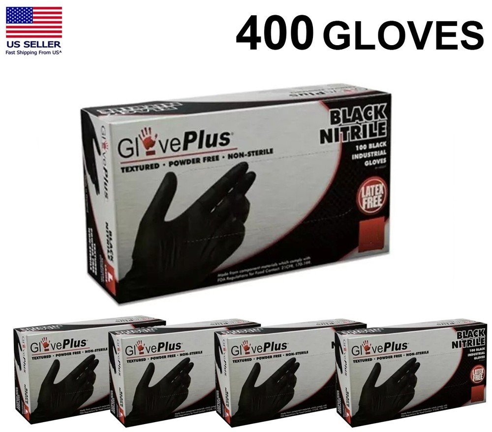GlovePlus Black Nitrile 5-mil Gloves Powder-Free Small New 400 PC (100×4)