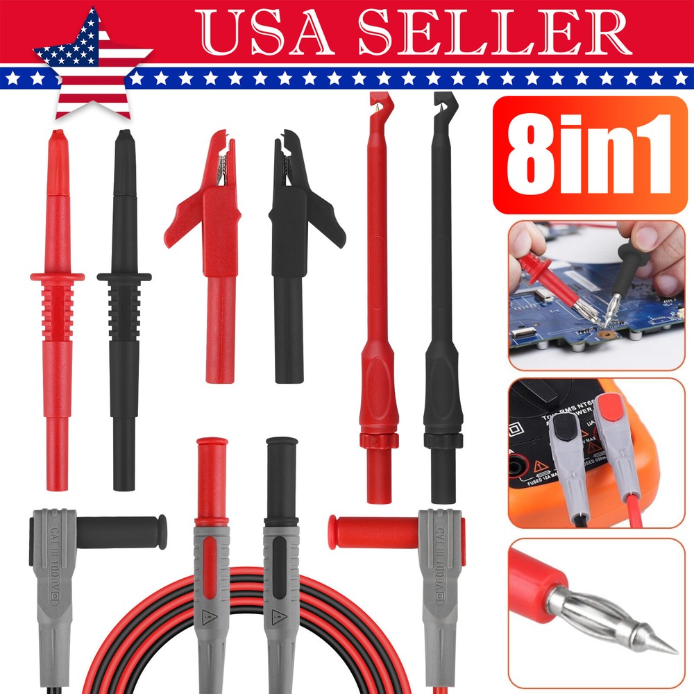 8in1 Multimeter Automotive Test Leads Kit 4mm Wire Piercing Clip Test Probe Plug