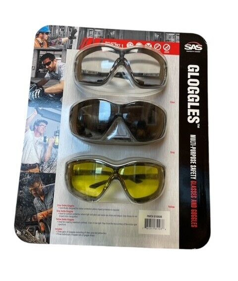 3pk SAS Safety Glasses or Goggles Strap Clear Gray Yellow Lenses Eye Protection