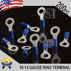 200 PACK 16-14 Gauge 5/16″ Stud Insulated Vinyl Ring Terminals Tin Copper Core