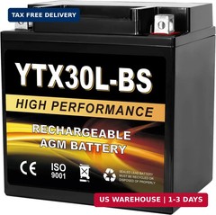 YTX30L-BS 12V 30Ah AGM Sealed Motorcycle Battery, Maintenance-Free, Compatible w