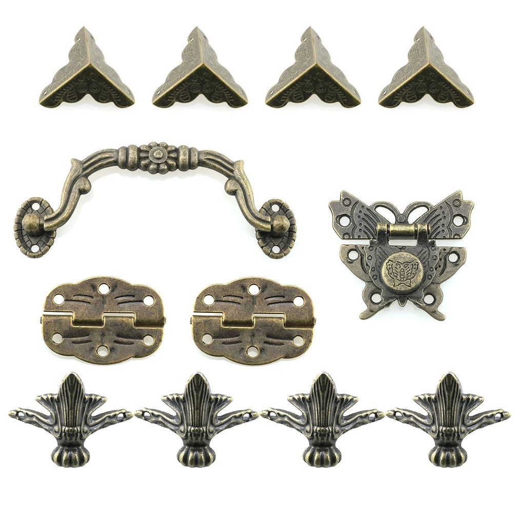 12pcs Jewelry Box Antique Lock Latch Hasp Hinges Handle Box Corner Protectors…
