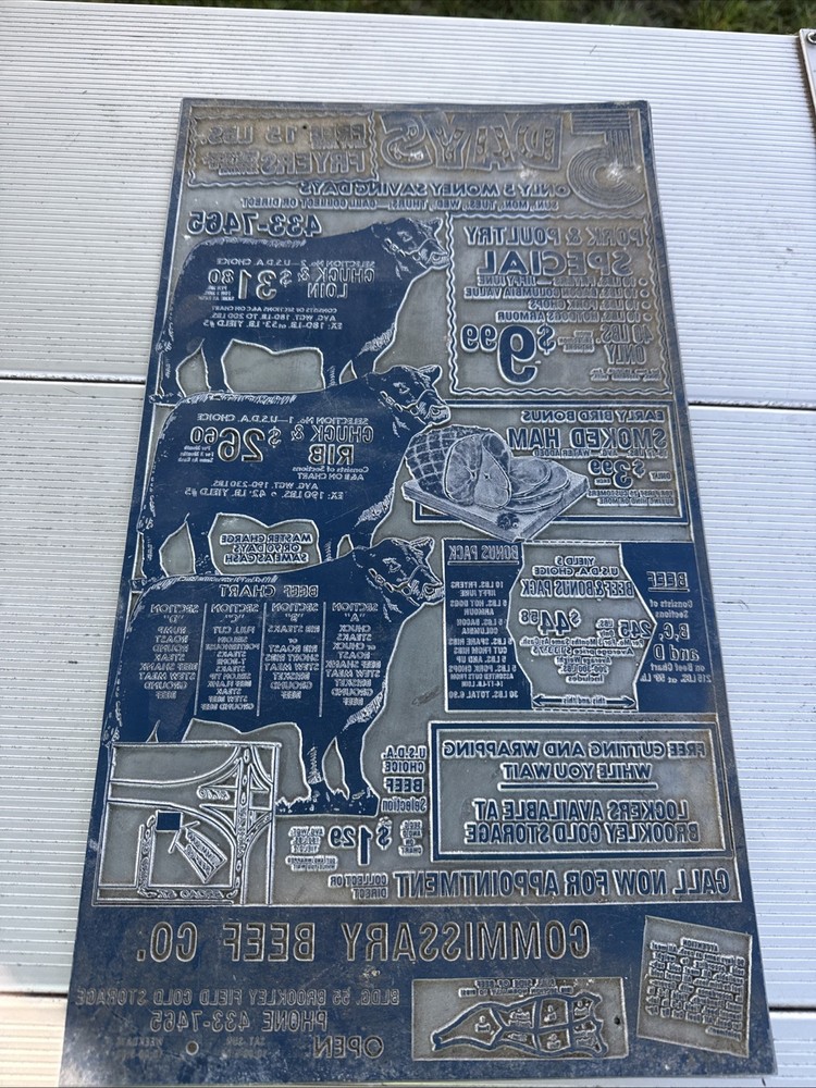 Vintage Metal Printing PlatesBEEF BUTCHER ADVERTISING NEWSPAPER PLATE