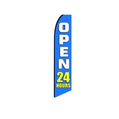 Open 24 Hours Blue Swooper Flutter Feather Flag | 3ft W x 11.5ft Tall
