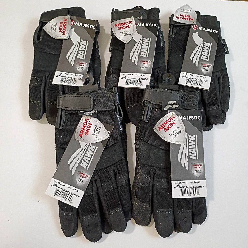 5 Pair Majestic Armor Skin Hawk Gloves 2139BK LG Synthetic Leather Mechanic Work