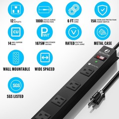 12 Outlet Surge Protector Metal Power Strip, 1800J Mountable Power Outlet, He…