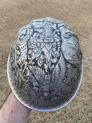 VINTAGE HAND ENGRAVED ALUMINUM McDONALD HARD HAT INDONESIA JUNGLE ANIMALS ART
