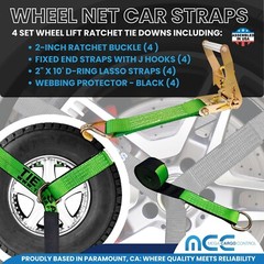 USA 4 Pack 2″ x 10′ Side Mount Wheel Net Tie Down Kit w/Wire J Hook Auto Hauler