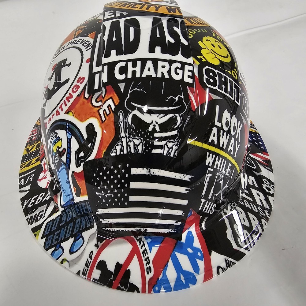 full brim hard hat custom hydro dipped IN BAD ASS CONSTRUCTION STICKER BOMB 💣