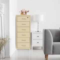 6 Drawer Beige Vertical Metal File Cabinet with Lock and Rolling Wheels for Home