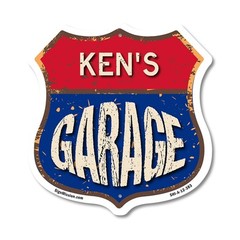 Ken’s Garage Shield Shaped Sign Weather Resistant Crafted in the USA